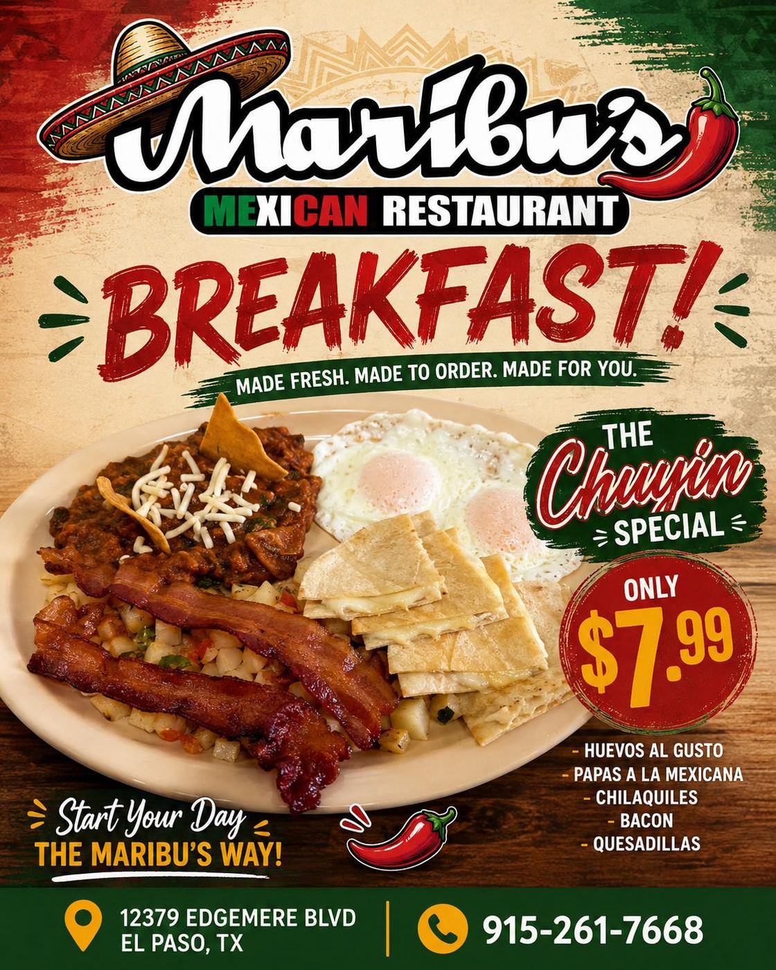 Maribu's Mexican Restaurant breakfast flyer for the $7.99 Chuyin Special in El Paso, TX