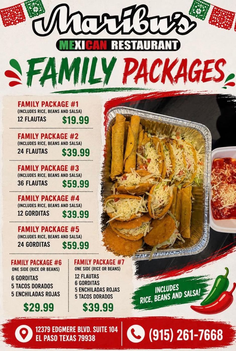 Maribu's Mexican Restaurant family packages menu with flautas, gorditas, tacos dorados and enchiladas rojas, El Paso TX