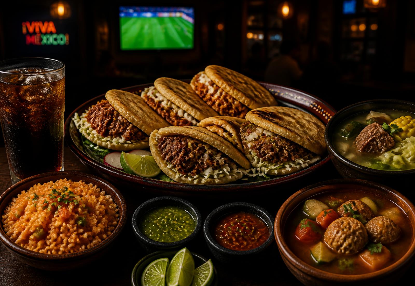 A spread of gorditas, caldo de res, albóndigas, Mexican rice and a cold drink at Maribu's